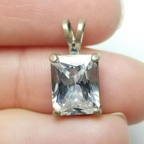 Vintage Sterling Silver Emerald Cut CZ Pendant, Sparkly Charm, Nice Size - Picture 1 of 7